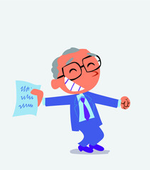 happy cartoon character of businessman rejoices with document in hand