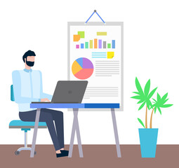 Bearded man wearing formal clothes working in office vector, man with laptop. Houseplant in room decoration of workspace, table and graphs analytics