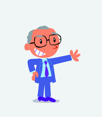 Fototapeta na wymiar Pleased cartoon character of businessman points to something