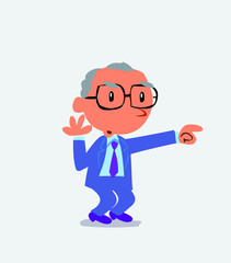 Surprised cartoon character of businessman points to something