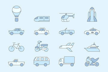 Transportation Icons set - Vector color symbols of train, car, ship, bicycle, bus, airplane and etc. for the site or interface