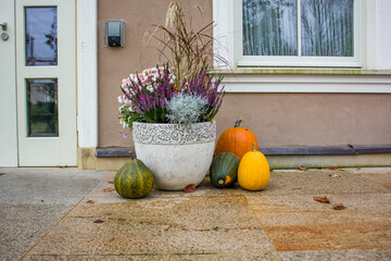 pumpkins lying on the doorstep of the house, near the pot.