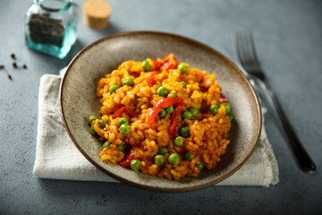 Vegetarian paella with capsicum and green pea