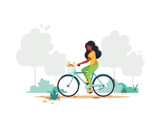 Fototapeta na wymiar Black woman riding bike. Healthy lifestyle, sport, outdoor activity concept. Vector illustration