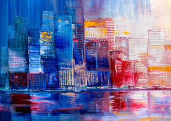 Panorama of night town near the sea. Oil painting cityscape.