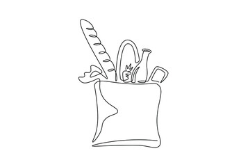 Grocery bag one continuous line drawing for logo. Hand drawn shopping bag with baguette, vegetables, milk, carrot. Grocery store design, delivery staple food concept. Modern vector illustration