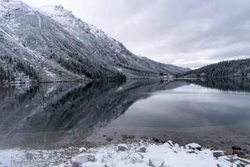 Snow-covered winter mountain lake at Eye of the Sea or Morskie Oko, Poland tatras mountain