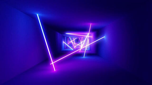 4k abstract seamless looped neon light glowing tubes animation, laser beam ultraviolet blue pink light tunnel motion cycled background
