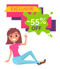Sale banner with beautiful woman sitting near advertising bright poster with lettering exclusive sale. Smiling girl with happy face expression pointing with thumbs up, discount shopping time