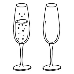 Glass of champagne. Vector illustration of glasses with champagne for Christmas. Hand drawn.
