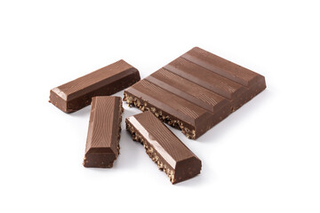 Chocolate turron nougat with puffed rice for Christmas isolated on white background	
