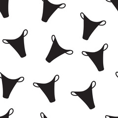 Stock vector graphics. Seamless pattern cute female panties thong in flat illustration silhouette style isolated on white background. Illustration for use in backgrounds, postcards, websites, brands