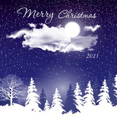 Merry Christmas night landscape. vector holiday background. Greeting design. Hand letterind for card, banner, poster.