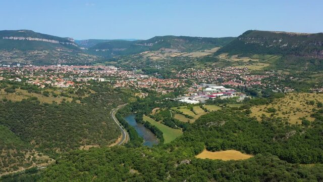Aerial shot of Millau, french city in south of France