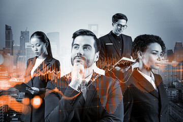 Group of business colleagues in suits as a part of multinational corporate team working on forecasting trading corporate strategy at fund. Forex chart. Bangkok on background. Double exposure
