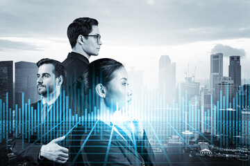 Group of business colleagues working on new venture capital and hi-tech start up and try to...