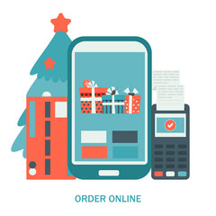 Obraz premium Online shopping concept, Christmas holidays celebration, smartphone screen. Vector flat illustration.