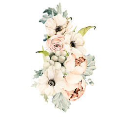 Watercolor floral composition. Hand painted white anemone, succulent, ranunculus, peony bouquet set. Flower, eucalyptus leaves, berries isolated on white background. Botanical illustration for design