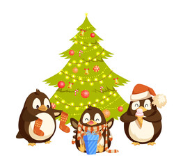 Penguins holding socks, enjoying gift and ice-cream. Arctic bird in hat and scarf near Christmas tree vector. Winter holidays with seabirds near fir-tree