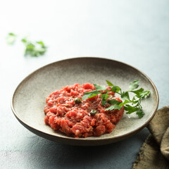 Traditional homemade steak tartare with capers