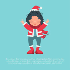 Cute girl enjoying winter. Christmas and New Year card. flat vector illustration