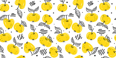 Heller nahtloser Frucht-Hintergrund Gelbe Äpfel Vektormuster Apfelscheibe im Doodle-Stil. Satz ganzer Apfel, geschnittener und abgebissener Apfel. Vektorhandgezeichnete Illustration für Stoff, Zeichenetiketten, Druck. © Stilesta