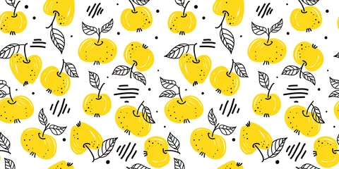 Heller nahtloser Frucht-Hintergrund Gelbe Äpfel Vektormuster Apfelscheibe im Doodle-Stil. Satz ganzer Apfel, geschnittener und abgebissener Apfel. Vektorhandgezeichnete Illustration für Stoff, Zeichenetiketten, Druck. © Stilesta