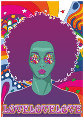 Afro Hairstyle Female Portrait, Hippie Style Psychedelic Pattern Background 
