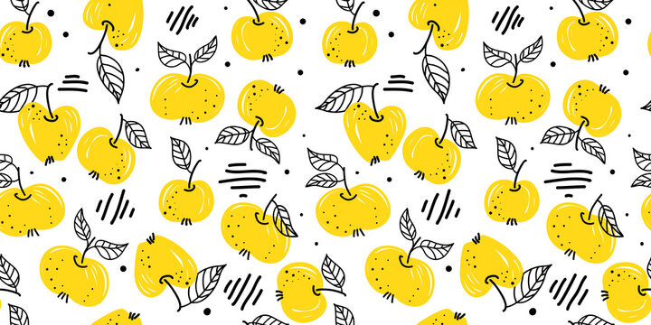 Bright Seamless Fruit Background Yellow Apples Vector Pattern doodle style apple slice. Set of whole apple, cut and bitten off apple. Vector hand drawn illustration for fabric, drawing labels, print.