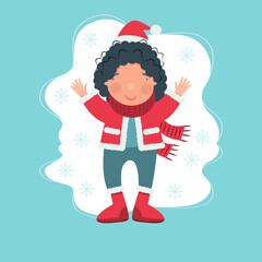 Cute girl enjoying winter. Christmas and New Year card. flat vector illustration