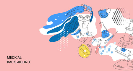 Microscope, syringe, test tubes, mask. Laboratory research.