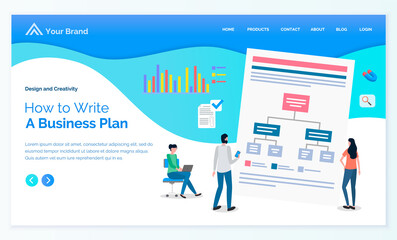 Business plan how to write, list with tasks, missions, targets, businesspeople learning to make business plan, development, analysing information in internet, business strategy, planning concept