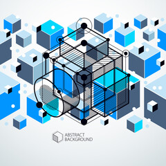 Lines and shapes abstract vector isometric 3D blue background. Abstract scheme of engine or engineering mechanism. Layout of cubes, hexagons, squares, rectangles and different abstract elements.