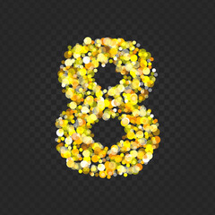Gold glittering number eight on transparent background. Shining golden number 8 of sparkles. Luxury Golden Glitter elegant celebration design for decoration wedding, anniversary, party, label