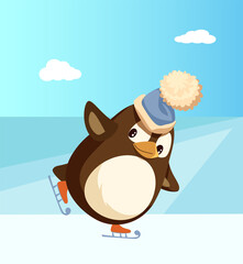 Penguin in Santa hat skating on ice at North Pole. Bird in headdress on skates, sunny day and winter sport, outdoor activity and Christmas vector