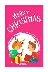 Merry Christmas holidays, children opening presents vector in round brush frame. Girl wearing reindeer horns accessories removes ribbon package decorated bow