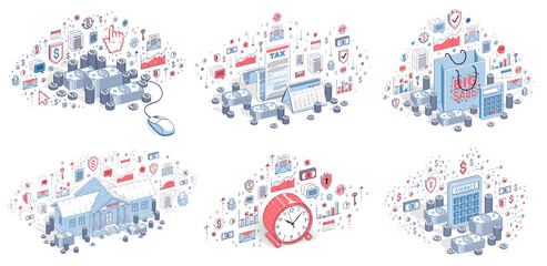 Obraz premium Different finance concepts illustrations 3D vector set isolated on white background, business and money conceptual designs collection, savings, bank, contract, income, safety, online.