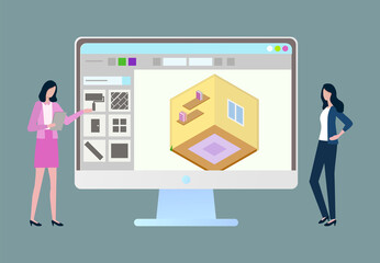 Presentation with new business project vector, engineers at work showing new program, application for 3d buildings construction online, sample approval