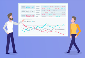 Businessmen working on new business plan vector, man showing infochart with growing flowchart. Startup explanation on whiteboard, meeting conference