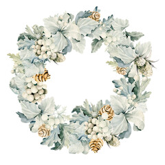 Watercolor christmas floral wreath. Hand painted winter frame of white and blue leaves, cones and berries isolated on white background. Botanical illustration for design, print or background