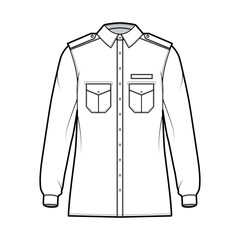 Shirt military technical fashion illustration with epaulette, flaps angled pockets, long sleeve, relax fit, button-down, classic collar. Flat template front, white color. Women men unisex top CAD