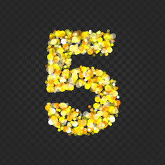 Gold glittering number five on transparent background. Shining golden number 5 of sparkles. Luxury Golden Glitter elegant celebration design for decoration wedding, anniversary, party, label, headline