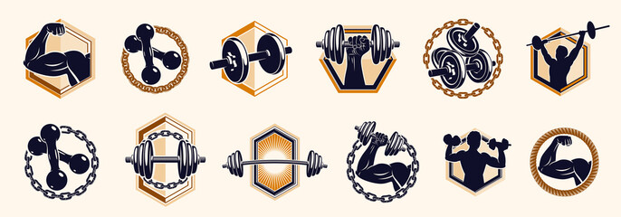 Fitness sport emblems logos or posters with barbells dumbbells kettlebells and muscle man silhouettes vector set, athletic workout active lifestyle theme, sport club or competition awards.