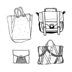 Vector set with original bags. Hand drawn fashion illustration. Actual drawing wear objects: backpack, portfolio, handbag, case