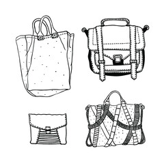 Vector set with original bags. Hand drawn fashion illustration. Actual drawing wear objects: backpack, portfolio, handbag, case