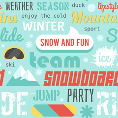 Obraz premium Seamless vector pattern with snowboarding stuff and words, dark version. Flat style: seamless pattern on snowboarding and skiing theme. Snowboarding template for design. Snowboarding seamless pattern