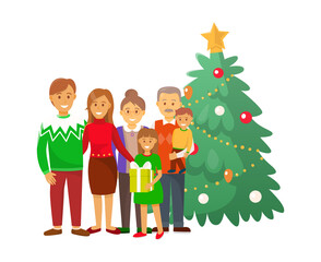 Christmas holiday celebration family people at home vector. Mother and father standing by pine evergreen tree decorated with star on top and baubles