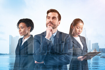 Group of three business colleagues in suits dreaming about new career opportunities after MBA...