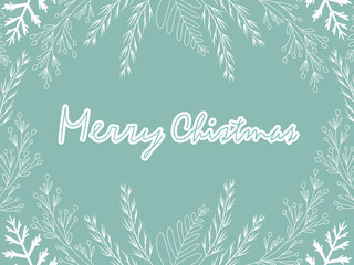 Festive card blue background, white plants, lettering magical Christmas. Vector illustration.