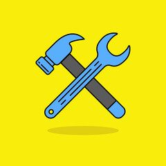 Wrench and hammer vector  isolated on yellow background suitable for industrial concept illustration. Linear color style of wrench and hammer icon 